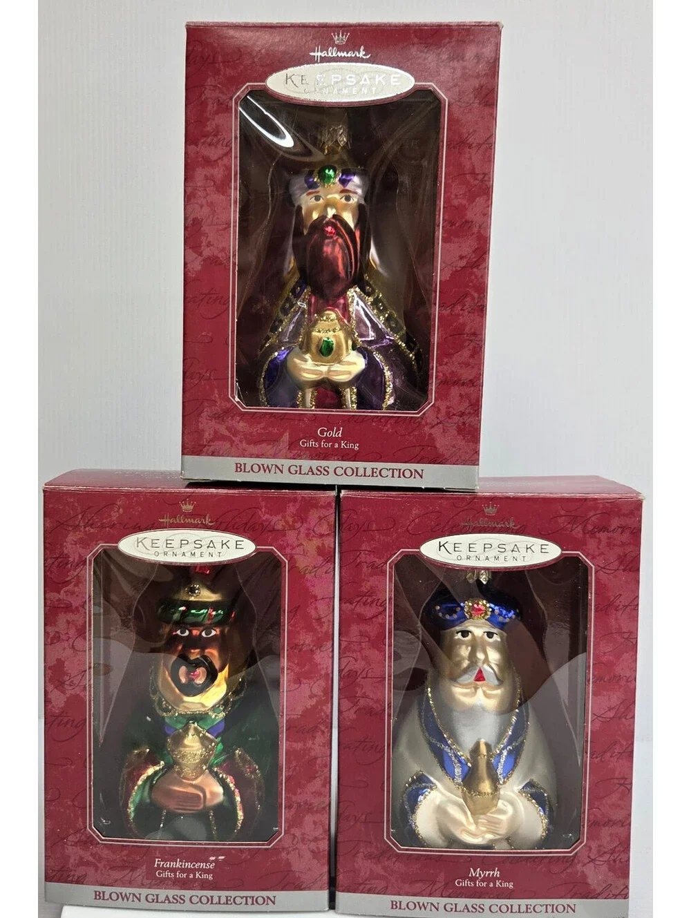 VTG Hallmark Keepsake 3 WiseMen Blown Glass Ornament Set Gold Frankincense Myrrh